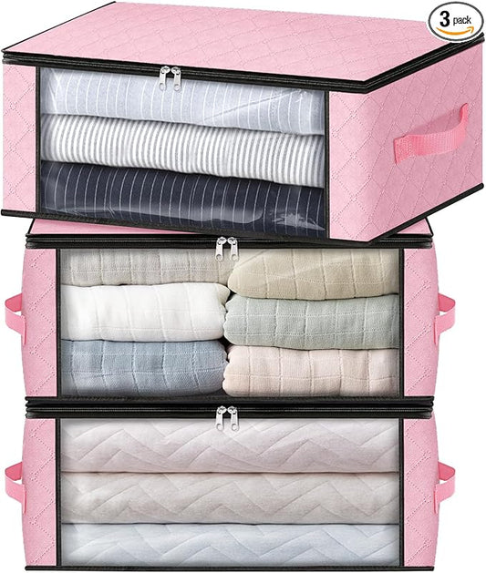 HomeHacks Storage 3-Pack Clothes Organizer Storage Bags Foldable Storage Box with Large Clear Window Sturdy Handles for Closet, Dorm, Pillows, Bedding, Clothes, Blankets, 35L, Pink-NeatNest