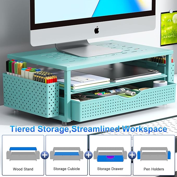 gianotter Desk Organizers and Accessories, Monitor Stand with Drawer and 2 Pen Holder, Desktop Organizer Suitable for Offices and Dormitories (Blue)-NeatNest