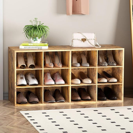 Garden 4 you Shoe Storage Bench, Cubby Shoe Rack with 12 Cubbies, 3-Tier Wood Shoe Rack Organizer, Shoe Organizer Cabinet for Entryway, Hallway, Closet and Garage, Brown-NeatNest