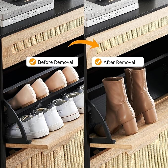 Shoe Cabinet, Shoe Rack Storage Cabinet with 2 Flip Down 1 Drawer, Natural Rattan Freestanding Shoe Cabinet Wood Organizer with 3-Tier Adjustable Shelves for Entryway Hallway Doorway-NeatNest