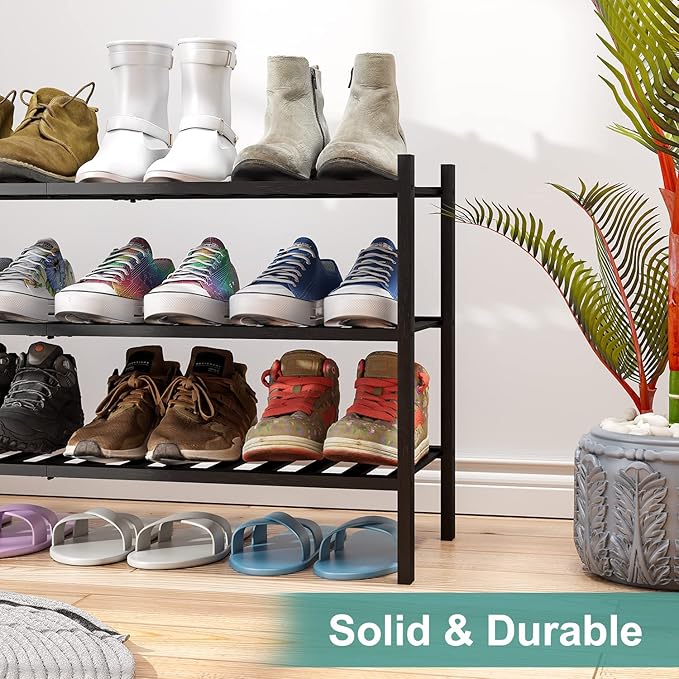 3-Tier Long Black Shoe Rack, Bamboo Wood Shoe Rack for Closet, Entryway & Hallway, Stackable | Functional | Sturdy