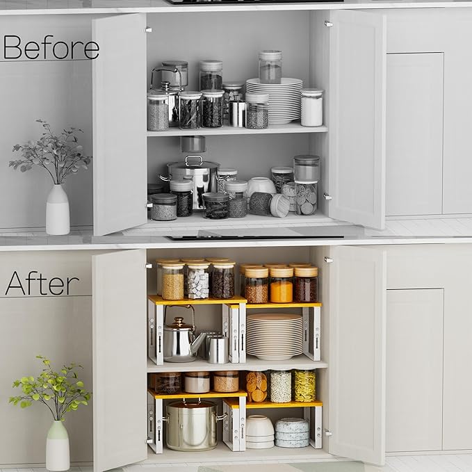 Expandable Kitchen Cabinet Organizer Shelves – Stackable Adjustable Metal and Wood Storage Racks for Countertop, Pantry, Garage Set of 2 Spice Rack – Easy Assembly, Space-Saving(2 Packs/Large/White)-NeatNest