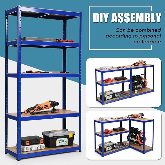 ERGOMASTER 5 Tier Utility Shelves Rack Garage Heavy Duty Steel Metal Shelving Unit with Adjustable Design, Bolt-Free Assembly & 380 LBS Wight Capacity Per Tier (Set of 4, Blue)