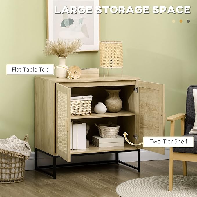 HOMCOM Accent Cabinet, Boho Storage Cabinet with Rattan Doors, Adjustable Shelf and Metal Base, Sideboard for Living Room, Kitchen, Natural