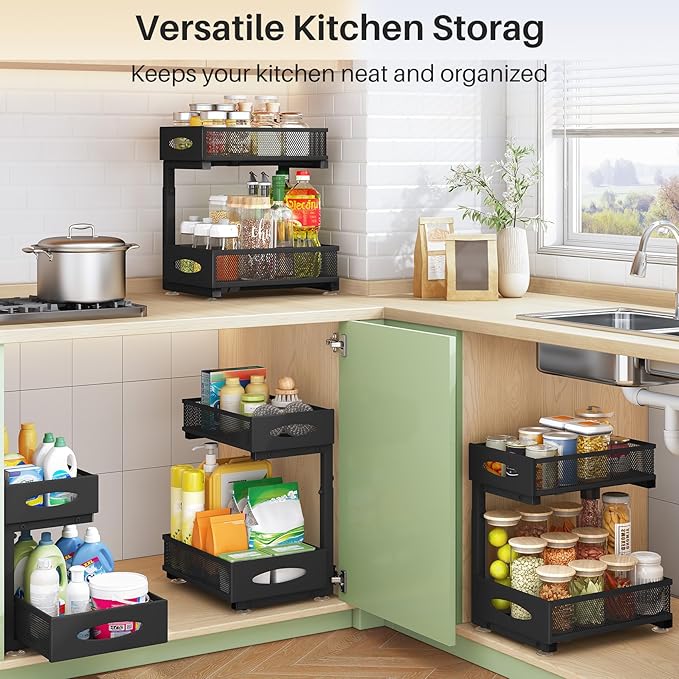 Under Sink Organizer, 2 Tier Pull out Cabinet Organizer Baskets with Mesh Sliding Drawers, Slide out Storage Shelf for Home, Kitchen, Bathroom, Pantry, Office Cabinet, Countertop(1 Pack)-NeatNest