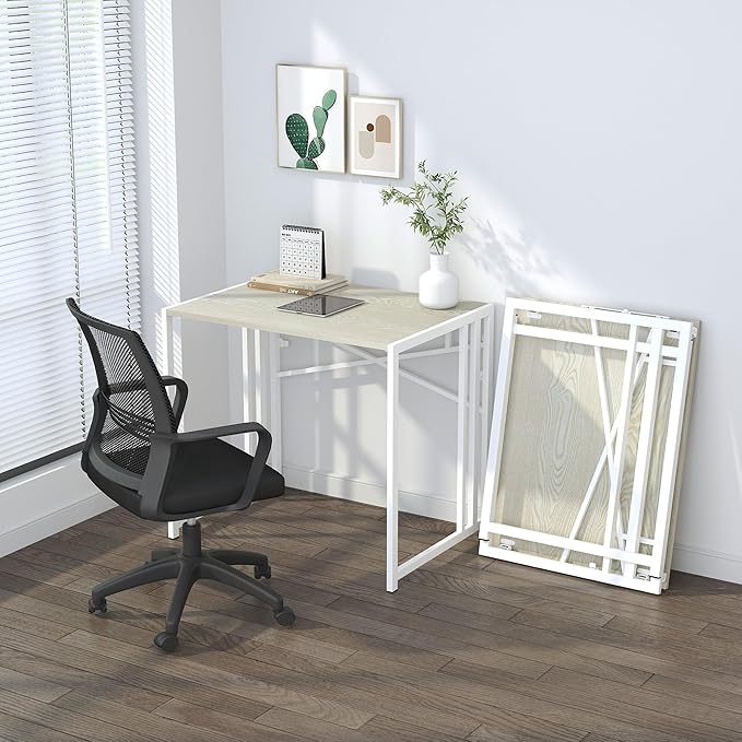 32 inch Small Folding Desk, Writing Gaming Computer Camping Desk for Small Spaces, No Assembly Required Home Office Desk, Natural and White-NeatNest
