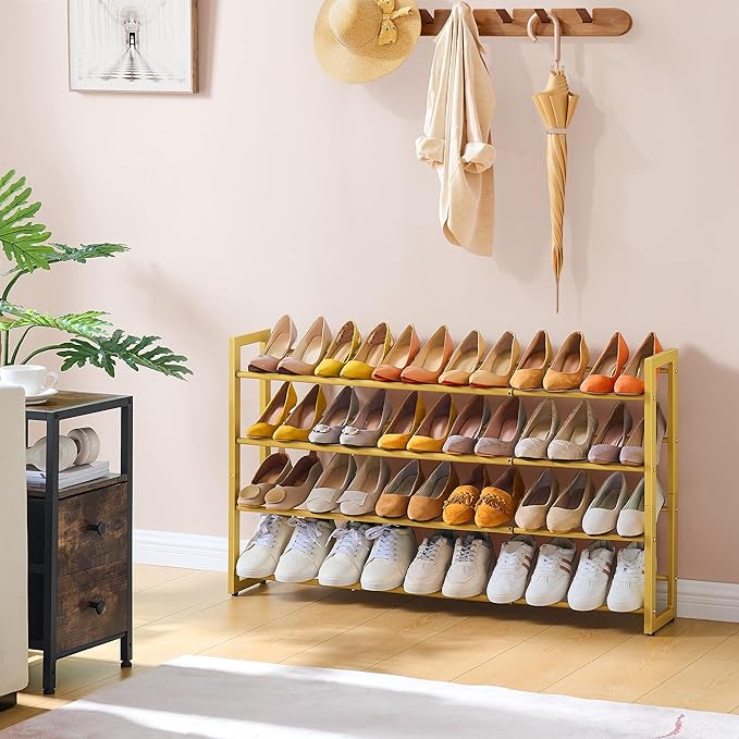 FAVOOSTY 4-Tier Expandable Shoe Rack, Adjustable Shoe Shelf Storage Organizer Space Saving Metal Free Standing Shoe Rack for Entryway Closet Doorway, Gold-NeatNest