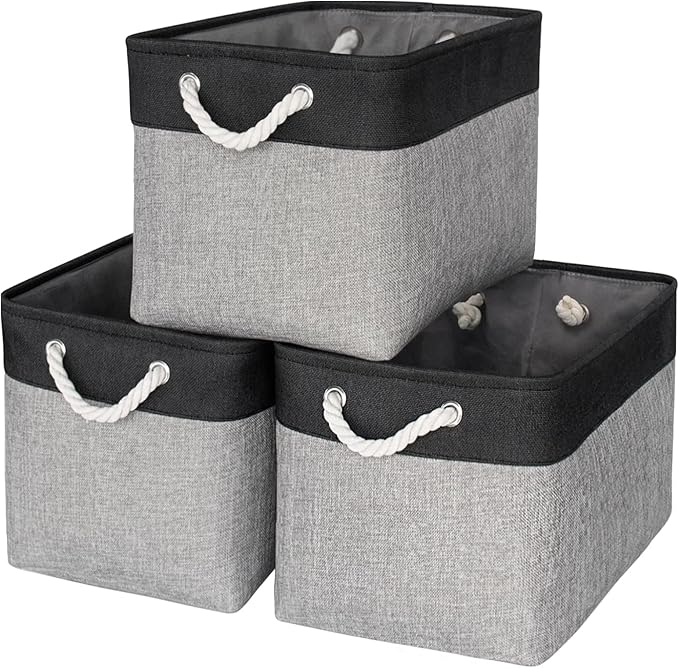 TheWarmHome Storage Basket for Organizing - 16x12x12 inch Cube Storage bin 3 Pack Fabric Storage Cubes, Collapsible Storage Box for Organizer Cloth Gift Toy Closet (Black & Grey)-NeatNest
