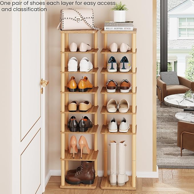 LUCKNOCK Vertical Shoe Rack, 8-Tier Tall Narrow Shoe Organizer for Entryway, Closet, Dorm & Small Spaces, Freestanding Wooden Shoe Shelf Tower for Boots, Sneakers, Heels. (Walnut)-NeatNest