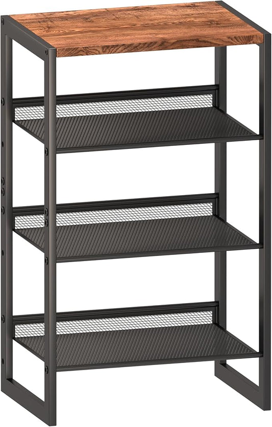 Narrow 4-Tier Shoe Rack, Slim Space-Saving Shelf with Decorative Wood Top & Steel Mesh, Entryway/Closet/Dorm Organizer, 16.5x11.8x27.9 Inches-NeatNest