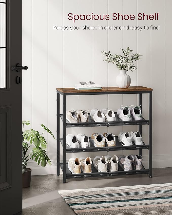 VASAGLE Shoe Rack for Entryway, 4-Tier Shoe Rack Organizer with Storage Shelves and Spacious Top, Freestanding, Adjustable, Industrial, Rustic Brown and Ink Black ULBS040B01-NeatNest