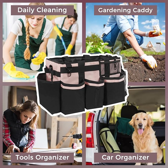 Wearable Cleaning Caddy, Cleaning Caddy Supplies Organizer with Handle & Shoulder Straps for Housekeepers, Under Sink & Car Cleaning Tool Organizers Bag with 4 Foldable Divider (Pink)