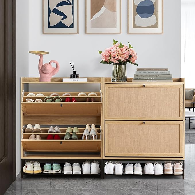 LEVNARY Shoe Cabinet Set of 2, Wooden Narrow Shoe Racks Cabinet Storage with 2 Flip Drawers, Hidden Freestanding Shoe Organizer for Hallway, Entryway, Home (2, Natural Oak)-NeatNest