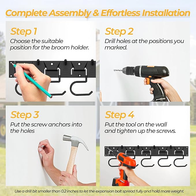 51 Inch Garden Tool Organizer Wall Mount with Non Slip Rubber Coated Metal Hooks, Storage Rack for Indoor/Outdoor Shovel, Rake, Mop and Broom Holder Wall Mount （ 15 Hooks+15 Holders-NeatNest