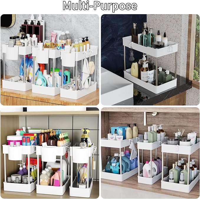 3 Pack Under Sink Organizers and Storage, 2 Tier Bathroom Cabinet Organizer Shelf with Hanging Cups for Kitchen & Bathroom (White)-NeatNest