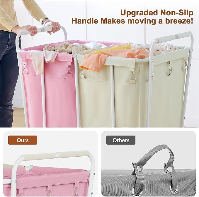 Hoctieon 2 Section Laundry Sorter Cart, 400L Rolling Hamper with Wheels, Industrial Laundry Basket Organizer, Extra Large Dirty Clothes Hamper for Home & Hotel, Heavy Duty, Pink+Beige-NeatNest