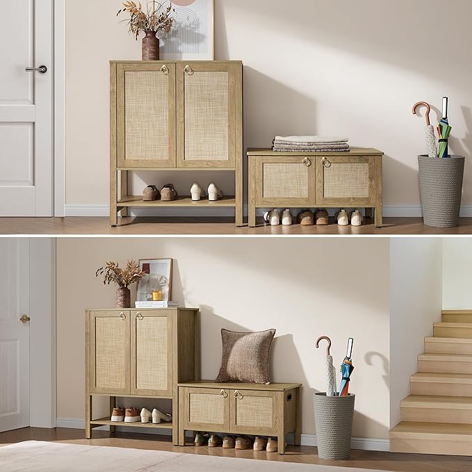 SICOTAS Shoe Cabinet with Storage - 3 Pieces Farmhouse Boho Shoe Organizer with Rattan Doors & Shelves, 5 Tier Free Standing Shoe Rack Storage Cabinet for Entryway, Living Room, Closet (Carbon Cherry)