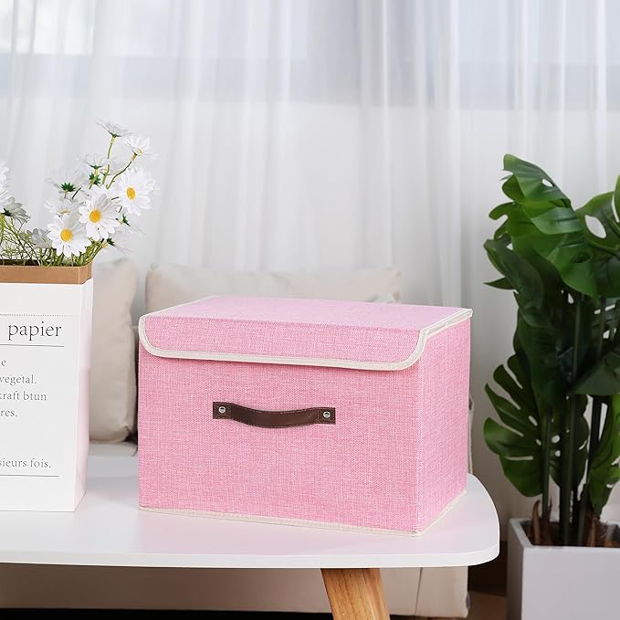 ANMINY 4PCS Storage Bins with Lid PU Leather Handles Storage Boxes PP Plastic Board Decorative Foldable Lidded Cotton Linen Fabric Home Cubes Baskets Closet Organizer Containers - Pink, Large Size-NeatNest
