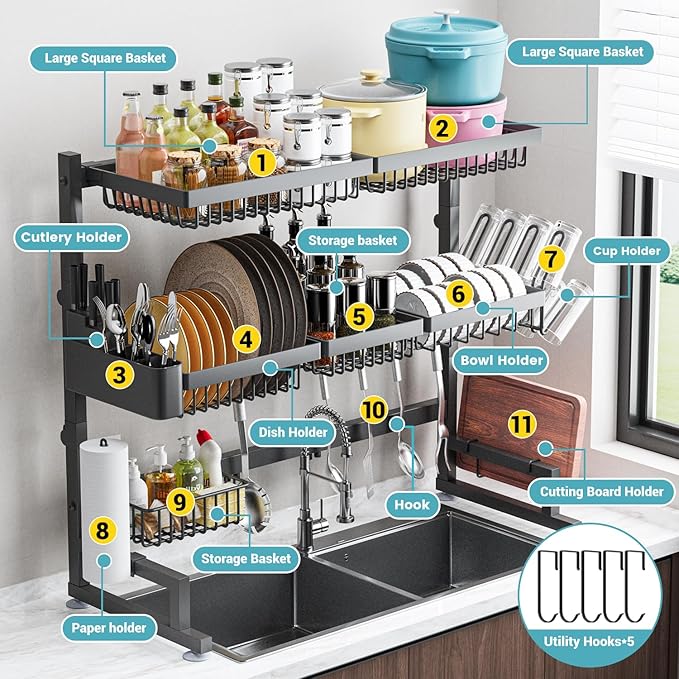 ADBIU Over The Sink Dish Drying Rack (Expandable Height and Length) Snap-On Design 2 Tier Large Dish Rack 31-39.4L x 12W x 34-38H inches