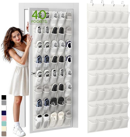 Unjumbly Over the Door Shoe Organizer with 40 Large Breathable Mesh Pockets, Space Saving Shoe Holder, Hanging Shoe Rack for Entryway Bedroom Closet Storage (White, 40 Pockets)-NeatNest