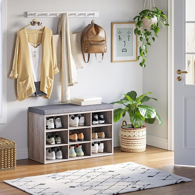 DINZI LVJ Shoe Bench, 9 Cubbies Shoe Organizer for Entryway, Storage Bench with Cushion, Cubby Shoe Rack with Adjustable Shelves for Living Room, Bedroom, Mudroom, Hallway, Greige-NeatNest