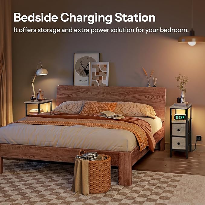 HOOBRO Narrow Side Table with LED Light and USB C Port, Night Stand with Charging Station, Skinny End Table with 2 Fabric Drawers, for Bedroom, Living Room, Greige and Black BG487UDBZ01