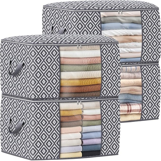 Direct 100L, 4 Pack, Storage Containers, Large Clothes Storage Bins Foldable Organization and Storage Bags with Reinforced Handle, Clear Window for Bedding, Blankets, Clothing, Grey-NeatNest