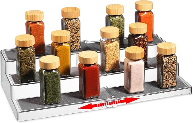 Expandable Spice Organizer Rack - 3-Tier - Clear Adjustable Tiered Shelf Spices Organization for Kitchen Cabinet and Pantry Storage-NeatNest