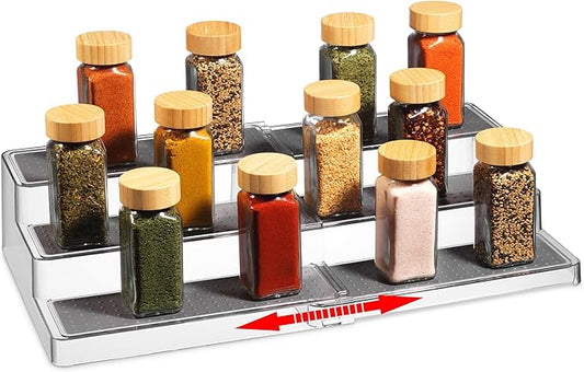 Expandable Spice Organizer Rack - 3-Tier - Clear Adjustable Tiered Shelf Spices Organization for Kitchen Cabinet and Pantry Storage-NeatNest