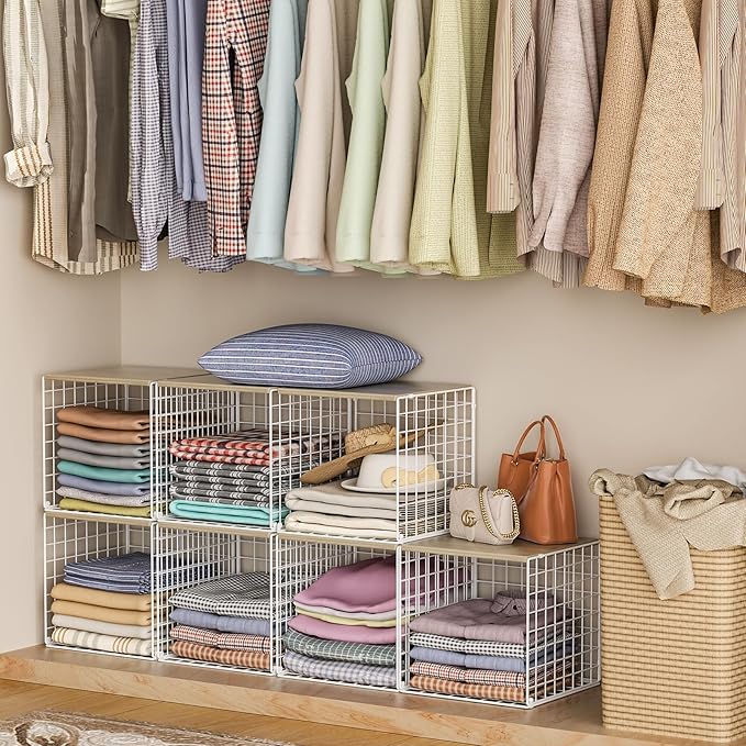 3PCS Stackable Closet Organizers and Storage, Closet Shelves with Wood Top Extra Storage, Clothes Storage Organizer Basket Bin/Cube for Home Wardrobe Organization(White-Sturdy Metal) Patent Pending-NeatNest