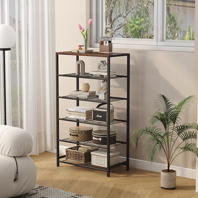 HOMEFORT Shoe Rack 6-Tier, Shoe Storage Shelf, Industrial Shoe Tower, Narrow Shoe Organizer for Closet Entryway, Small Shoe Rack Table with Durable Metal Shelves, Rustic Brown-NeatNest