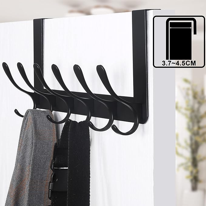 SKOLOO Over The Door Hooks - for Doors up to 4.5cm Thick, No Assembly Required, Stainless Steel Door Hanger with 6 Hooks, Over The Door Hanger for Coats Clothes Hat Towel Jacket, Black