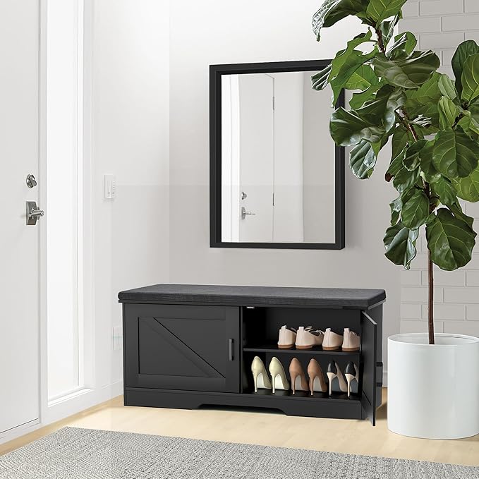 2-Tier Storage Bench, Shoe Bench with Padded Seat Cushion, Entryway Bench with 2 Barn Doors, Adjustable Shelf, 13.8" D x 39.4" W x 17.7" H, for Entryway, Living Room, Bedroom, Black-NeatNest