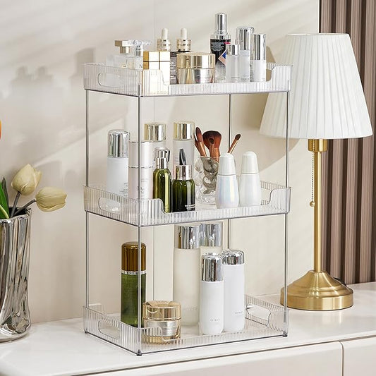 3-Tier Bathroom Counter Organizer, Multi-Purpose Cosmetics Skincare Shelf, Fits A4 Size Makeup Organizer for Office and Vanity Tray, Countertop Storage Solution for Kitchen,Bath.(Clear)-NeatNest
