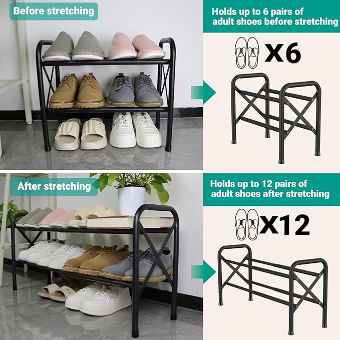 2-Tier Expandable Shoe Rack for Closet, Adjustable Shoe Organizer Metal Shoe Shelf for Entryway, Garage & Corridor, Free Standing Shoe Holders, Easy to Assemble-NeatNest