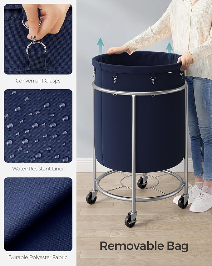 SONGMICS Laundry Basket with Wheels, Rolling Round Laundry Hamper Cart, 45 Gal. with Steel Frame and Removable Bag, 4 Casters and 2 Brakes, Charcoal Blue and Metallic Silver URLS001Q01