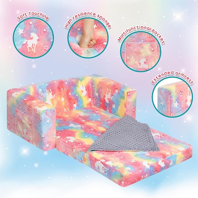 ALIMORDEN Fold Out Toddler Couch, Extra Wide Comfy 2-in-1 Cuddly Sherpa Sofa for Kids, with Removable Baby Friendly Blanket, Convertible Sofa to Bed, Unicorn-NeatNest
