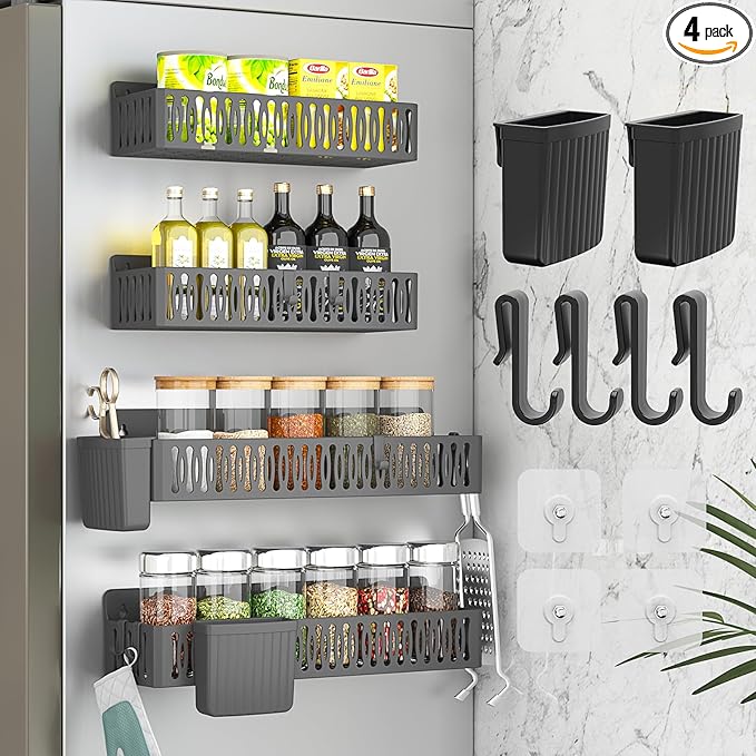 4 Pack Magnetic Spice Rack for Refrigerator, Spice Rack Organizer, Moveable Magnetic Shelf Fridge Organizer with 4 Hooks for Kitchen and Oven Organization, Black Large