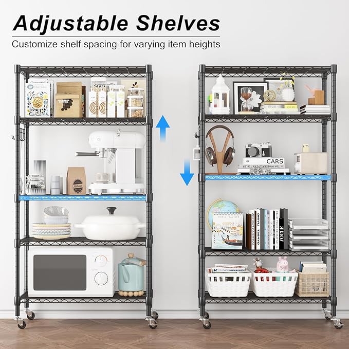 Homdox 5 Tier Metal Storage Shelves with Wheels, Heavy Duty Wire Shelving Unit, Adjustable Storage Racks with Side Hooks for Bathroom Kitchen Garage Pantry Organization, Black-NeatNest