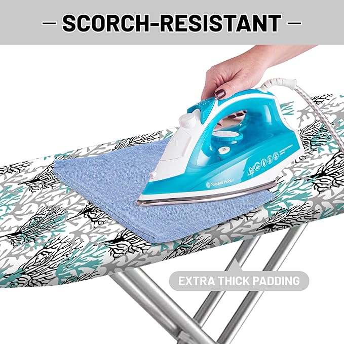 Extra Thick Ironing Board Cover and Pad, Coastal Summer Beach Coral 15x54 Ironing Board Cover, Resist Scorching and Staining,Elastic Edges,Seaside Nautical Blue Grey
