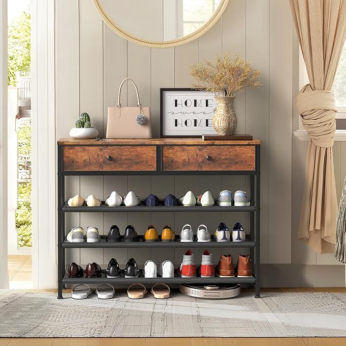usikey Shoe Rack, 4 Tier Shoe Storage Organizer with 2 Drawers, Metal Shoe Shelf for 12-15 Pairs of Shoes, with 3 Fabric Shelves and Wooden Top, Shoe Stand for Closet Entryway, Rustic Brown-NeatNest