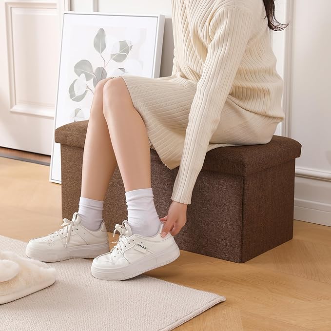 CUYOCA Storage Ottoman Bench Foldable Seat Footrest Shoe Bench End of Bed Storage with Flipping Lid, 75L Storage Space, 30 inches Linen Fabric Brown-NeatNest