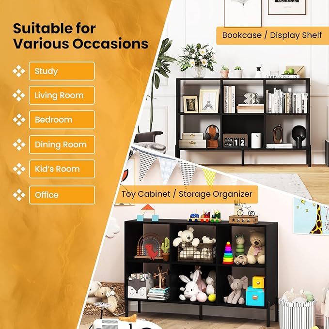 6 Cube Bookcase, Wood Storage Organizer with 5 Metal Legs, Bookshelf with Storage, Cubical Storage Shelf, Wooden Book Shelf, Display Shelves for Bedroom, Living Room, Entryway (Black)