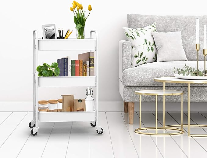 CAXXA 3-Tier Rolling Metal Storage Organizer - Mobile Utility Cart Kitchen Cart with Caster Wheels, White-NeatNest