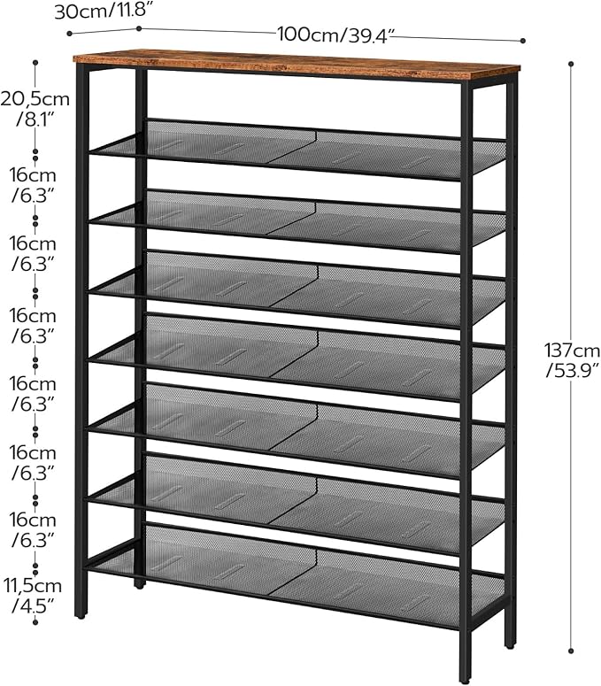 HOOBRO 8 Tier Shoe Rack, 39.4"L Shoe Shelf, Large Capacity Shoe Storage Organizer for 30+ Pairs of Shoes, Front Door Entrance, Entryway, Hallway, Closet, Space Saver, Rustic Brown and Black BF118XJ01-NeatNest