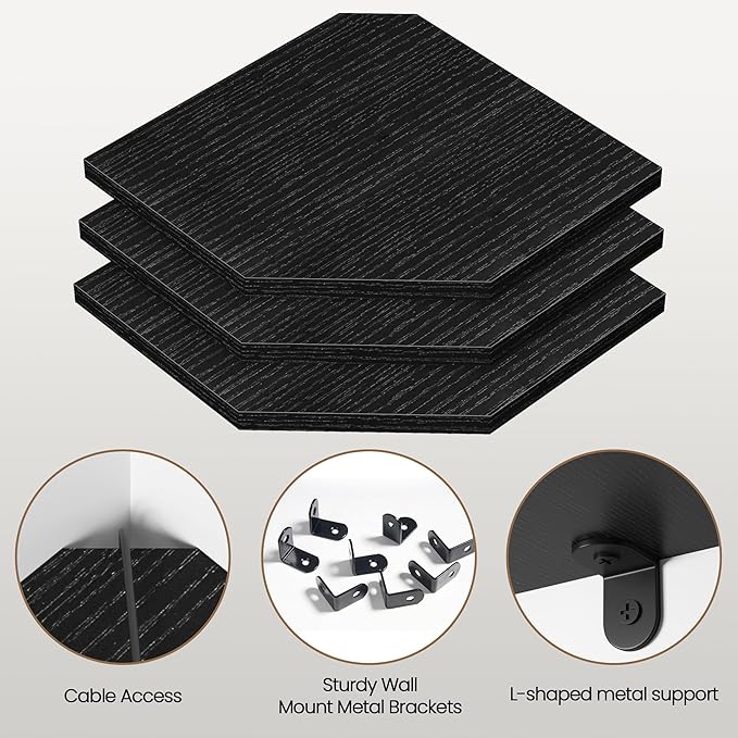 Corner Shelf Wall Mount, Floating Corner Shelves, Set of 3 Corner Wall Shelf Organizer, Rustic Wood Wall Storage Display Shelves for Living Room Bedroom Bathroom Kitchen, Classic Black-NeatNest