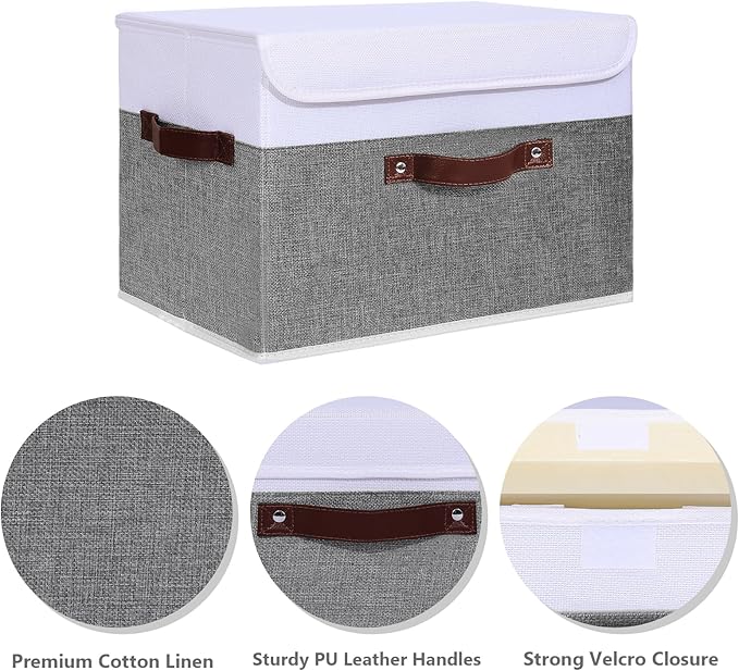 ANMINY 4PCS Storage Boxes with Lid Washable Decorative Storage Bins Basket with PU Leather Handle Foldable Linen Fabric Storage Cubes Containers for Home Closet Organizer - Gray White, Large Size-NeatNest