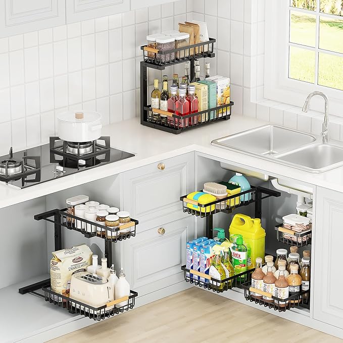 2-Tier Slide Out Under Sink Organizer – 2-Tier Pull-Out Storage Rack, Bathroom organizers and storage for Kitchen and Bathroom, Space-Saving Cabinet Organizer, Rustproof,（Black)(1 Pack)-NeatNest