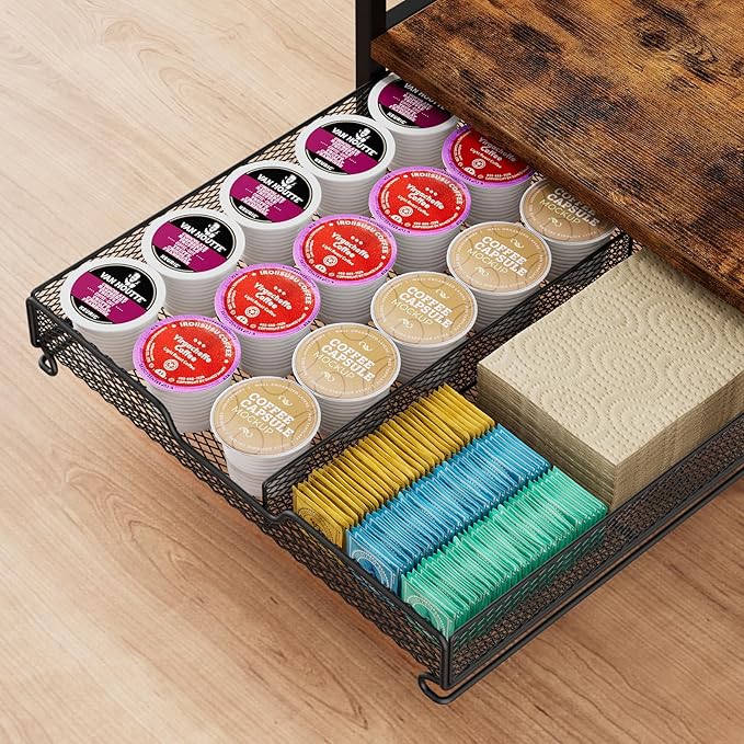 Coffee Bar Organizer Countertop, 3 Tier Mug Cup Holder Stand with 12 Hooks, 25 K Cup Coffee Pod Drawer with Mug Rack, Multifunctional Shelf for Accessories Kitchen (Black)-NeatNest