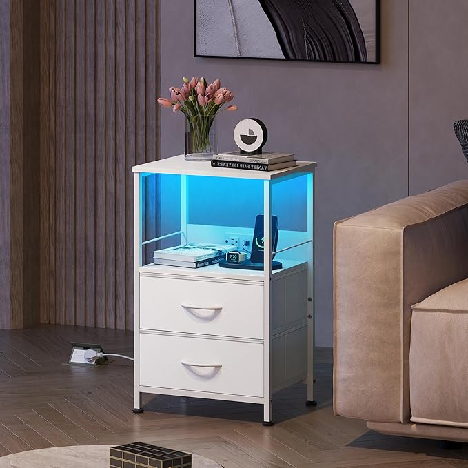 WLIVE White Night Stand Set of 2 with Charger Station, LED Nightstand with 2 Fabric Drawers and Storage Shelf, Bedside Tables with 3 USB Ports and 2 Outlets, Small Dresser for Bedroom,Small Space